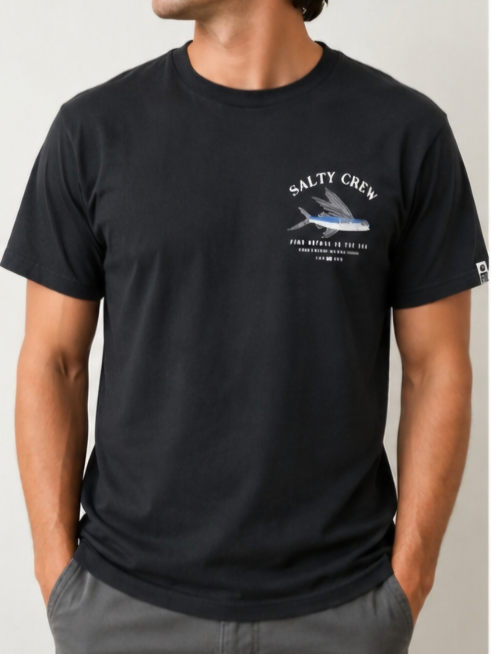 Salty Crew Black Short Sleeve Tee with Blue & White Marlin Graphic